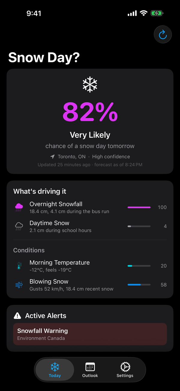 Snow Day on iPhone showing an 82% chance of a snow day tomorrow, with the reasons: 18.4 cm of overnight snow, 4.1 cm during the bus run, and a Snowfall Warning from Environment Canada