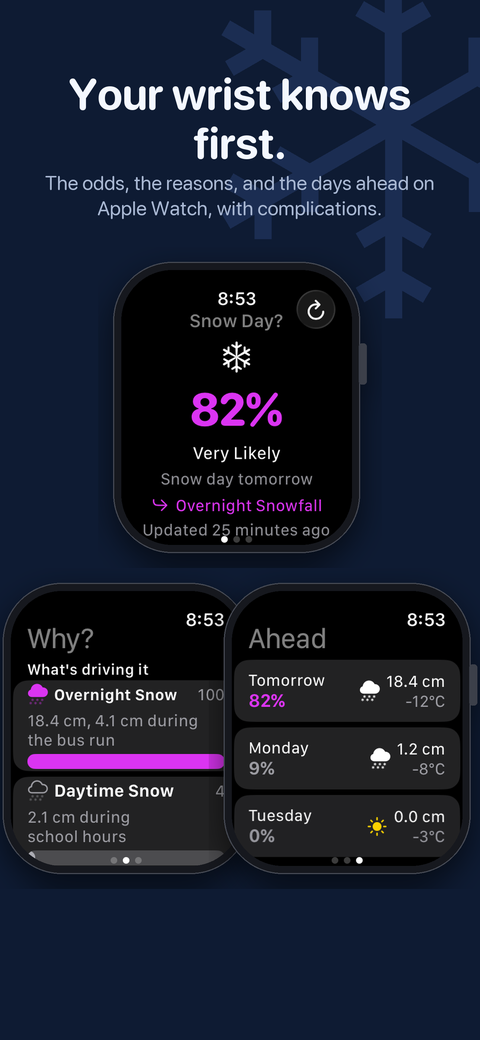 Your wrist knows first: three Apple Watch screens from Snow Day