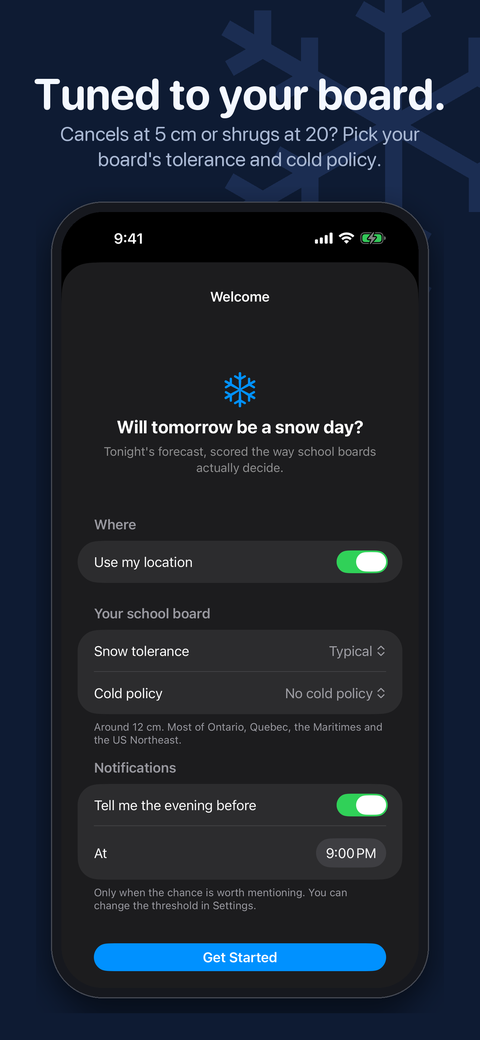Tuned to your board: the onboarding screen with snow tolerance and cold policy