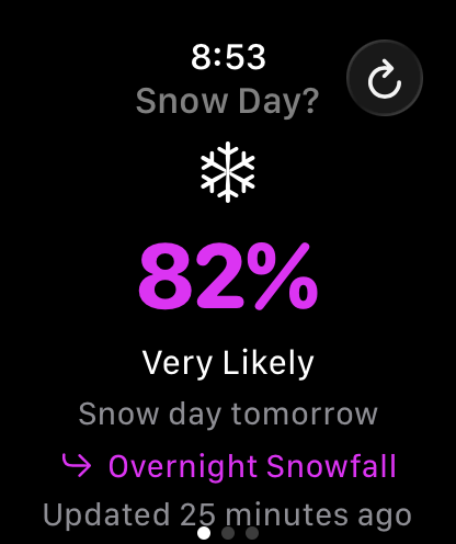 Snow Day on Apple Watch showing 82%, Very Likely, driven by overnight snowfall